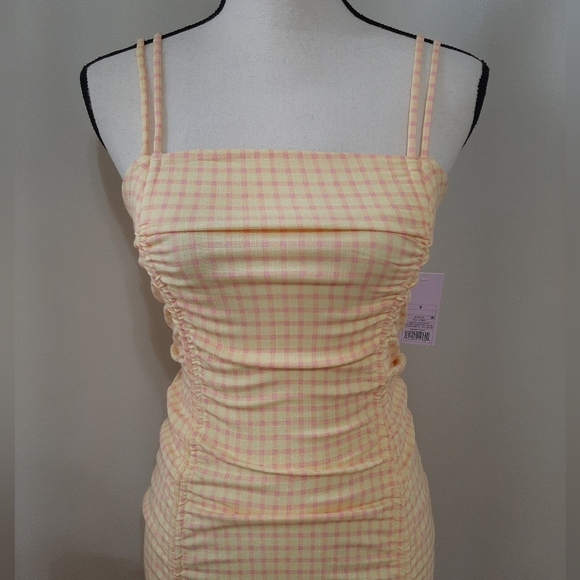 NWT Wild Fable Double Ruched Yellow & Pink Gingham Cinched Bodycon Dress - Picture 3 of 7